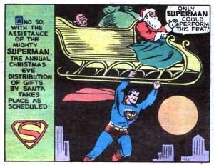 Christmas scene: Superman carries Santa Claus and his sleigh