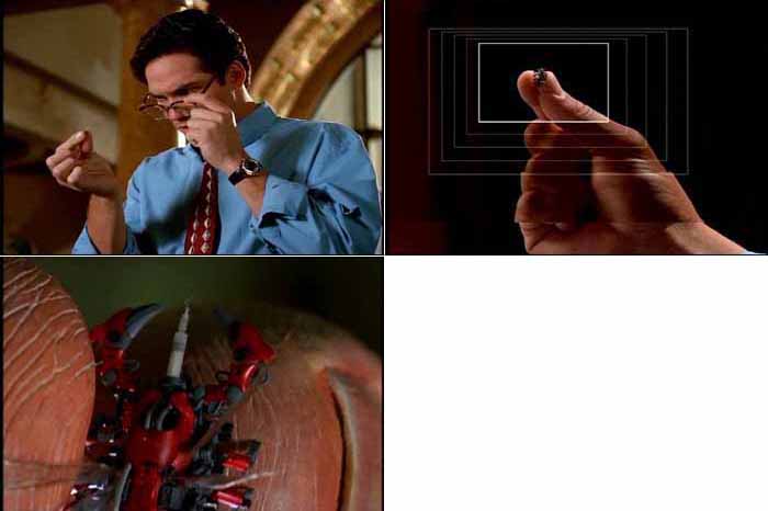 Clark Kent uses his super microscopic vision to examine an electronic device that masqueraded as an insect