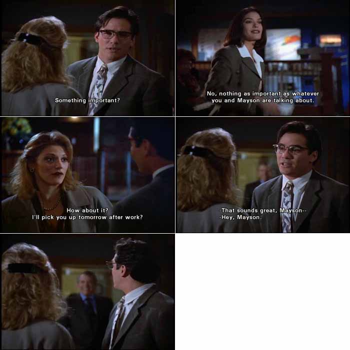 Clark Kent starts to turn Mayson Drake down after she asked him out for the weekend, but he is interrupted before he can do so