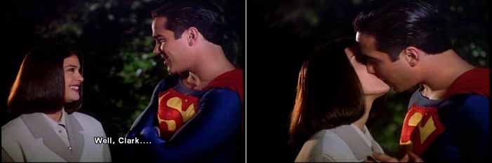 After saving his existence and forgiving him, Lois Lane kisses Superman