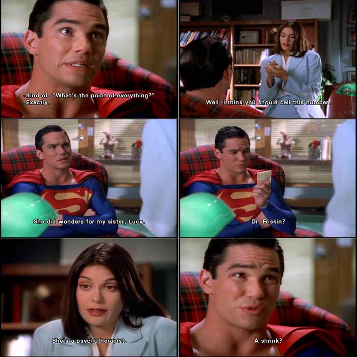 Made apathetic by red kryptonite, Superman seeks counsel from Lois Lane, who surprises him by recommending he see a psychotherapist
