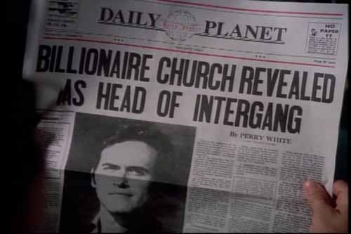 Newspaper headline announces head of billionaire Bill Church Jr., head of Intergang