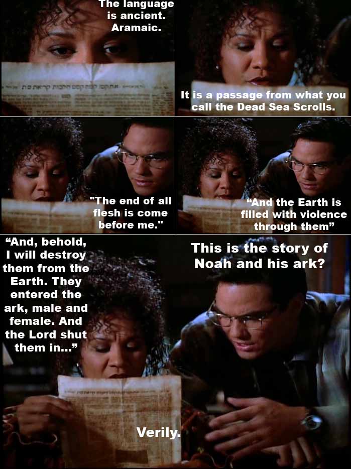 Clark Kent recognizes the story that Citizen Landicus reads from the Dead Sea Scroll page he found - the story of Noah and his ark