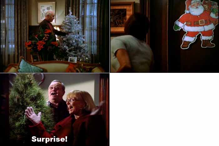 More Christmas decorations can be seen in Lois Lane's apartment as Clark Kent's parents show up with another Christmas tree