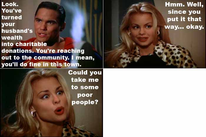 Superman talks Mindy Church out of her (feigned) suicide attempt, praising her for reaching out to the community and donig things that benefit the poor and needy