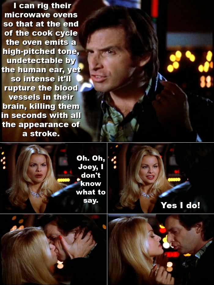 Mindy Church is amorously excited by Joey Bermuda's plan to murder Clark Kent and Lois Lane