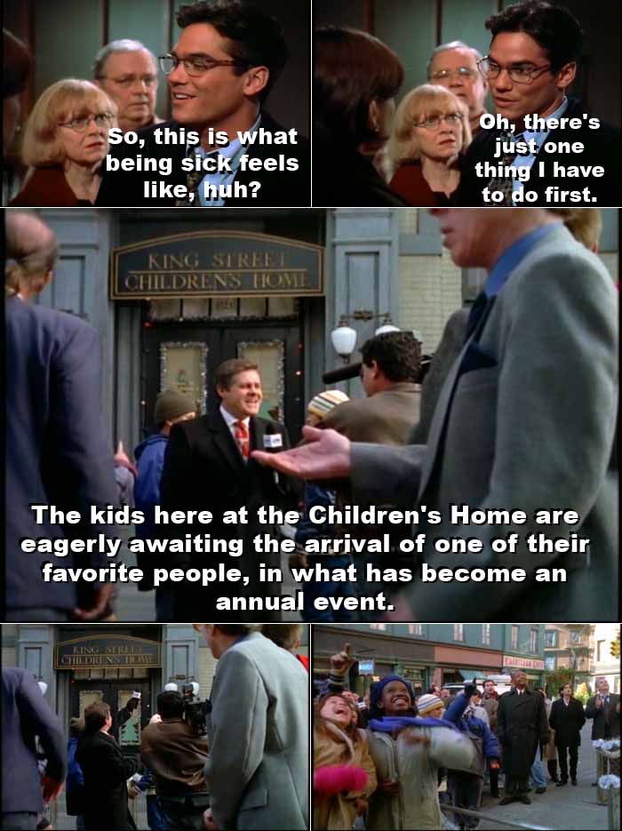 Despite his illness, Clark Kent changes into Superman so he can visit an orphanage