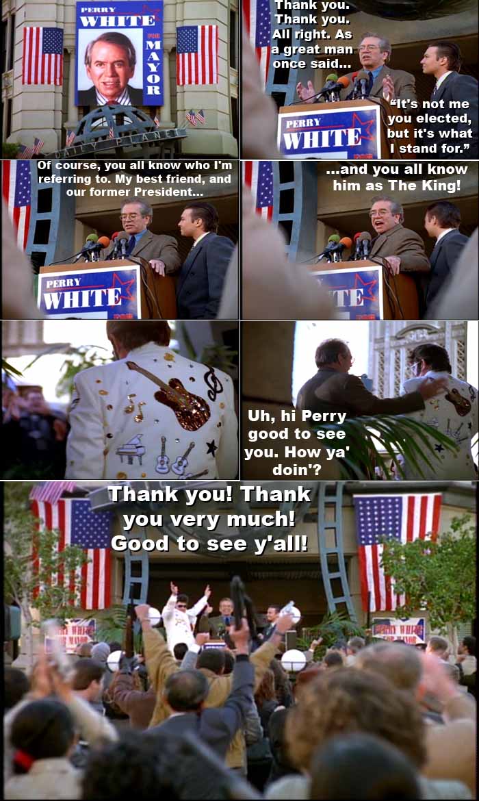 Perry White, an Elvis-worshipper in mainstream 'Lois & Clark' continuity, introduces Elvis Presley as his best friend and former U.S. President in this parallel dimension