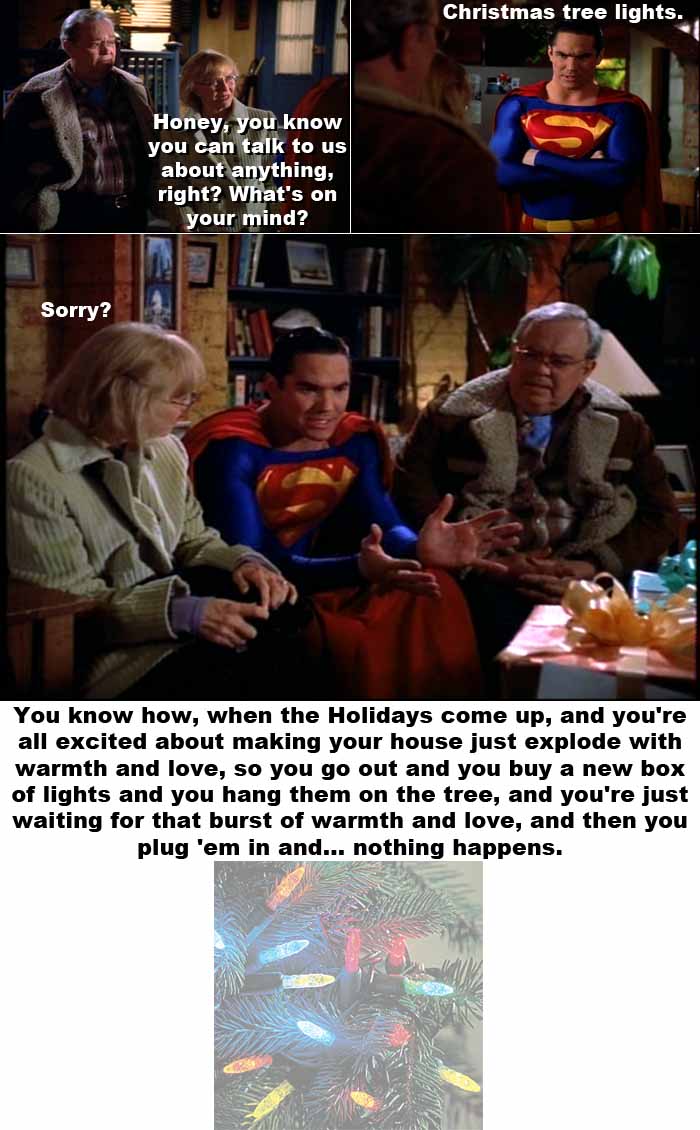 Speaking to his parents, Superman talks about excitement over Christmas tree lights as a metaphor for his wedding night difficulties with Lois