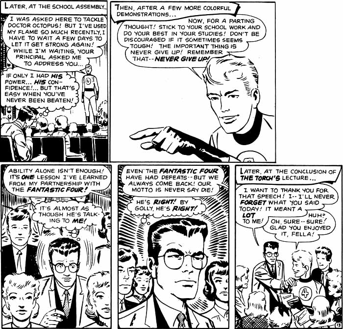 An inspirational speech by the Human Torch inspires Peter Parker (Spider-Man) to get back in the game