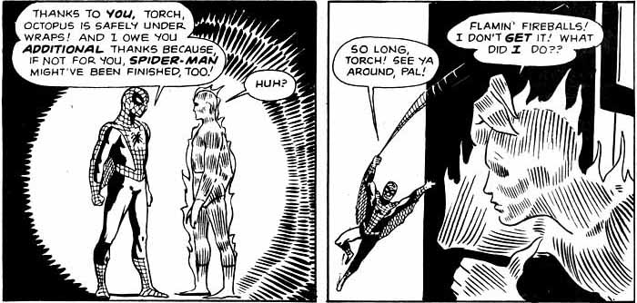 Spider-Man graciously thanks the Human Torch for the inspiration he provided