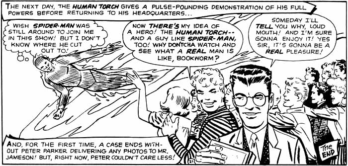 Flash Thompson still thinks Peter Parker is a bookworm, but expresses admiration for the heroism of Spider-Man for the first time