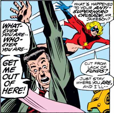 Ms. Marvel wonders where J. Jonah Jameson's anti-superhero crusade has gone when he needs to be rescued by her from the Scorpion