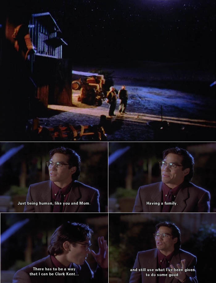 Under the night sky by barn, Clark Kent talks to his father about what is most important in life