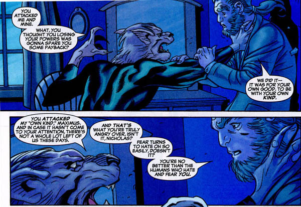 Wolf Cub threatens Maximus Lobo (a now de-powered former mutant), who once led a group of lupine mutant supremacists.
