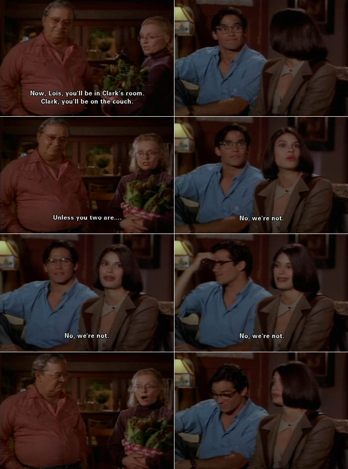 Clark Kent's mom accidentally asks if Lois and Clark are sleeping together. Lois and Clark make it clear they are NOT!