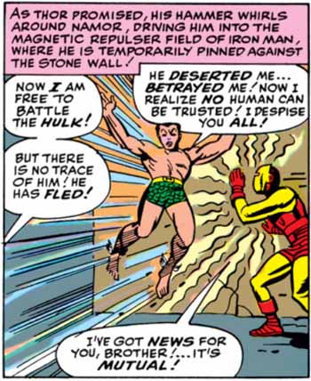After the Hulk (as Bruce Banner) flees the battle against the Avengers, his ally Sub-Mariner finds yet another reason to hate humanity