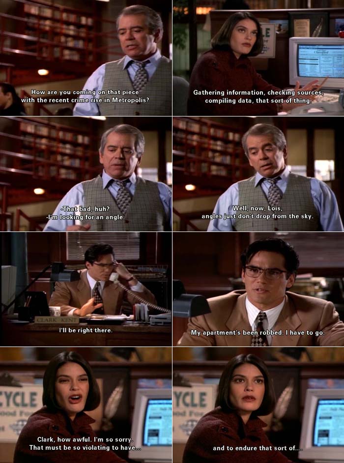 Perry White asks Lois Lane about a story she's having trouble with