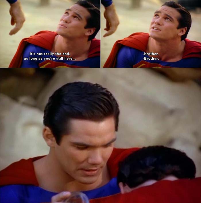 Superman kneels in prayer with his dying, self-sacrificing twin