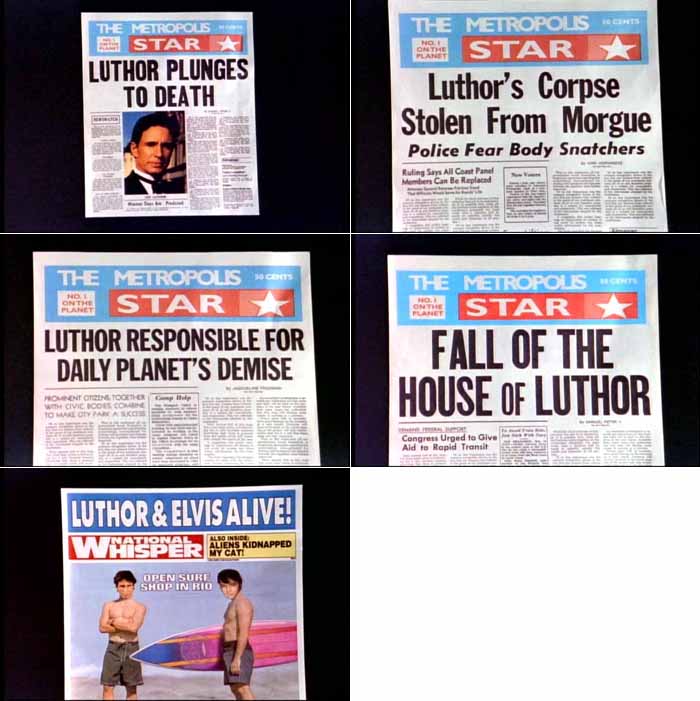Newspaper headlines following suicide death of Lex Luthor
