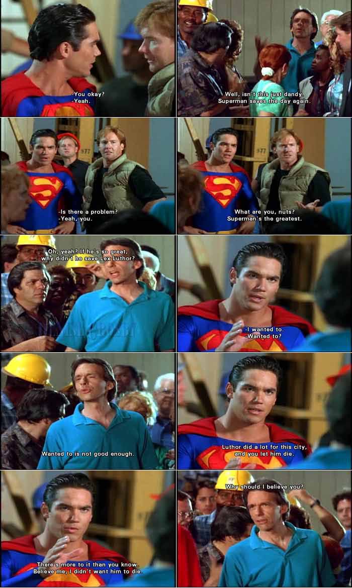 After saving a construction worker, Superman is heckled by an anti-Superman detractor who questions why he let Lex Luthor die