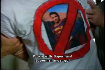 Anti-Superman T-shirt worn by an anti-Superman protester
