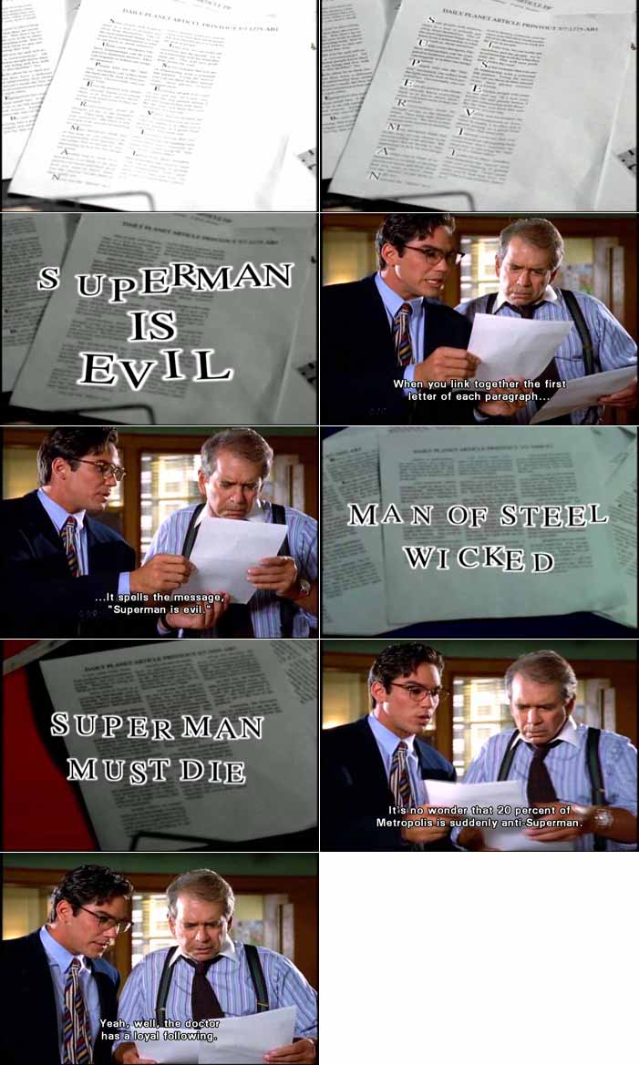 Clark Kent and Perry White decipher the acrostic subliminal messages that Arianna Carlin has used to foment anti-Superman sentiment