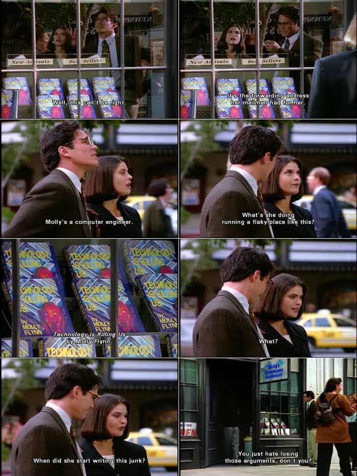 Lois Lane is surprised that Molly Flynn (a computer engineer who was her best friend from college) has opened up a New Age religious bookstore and written an anti-technology book