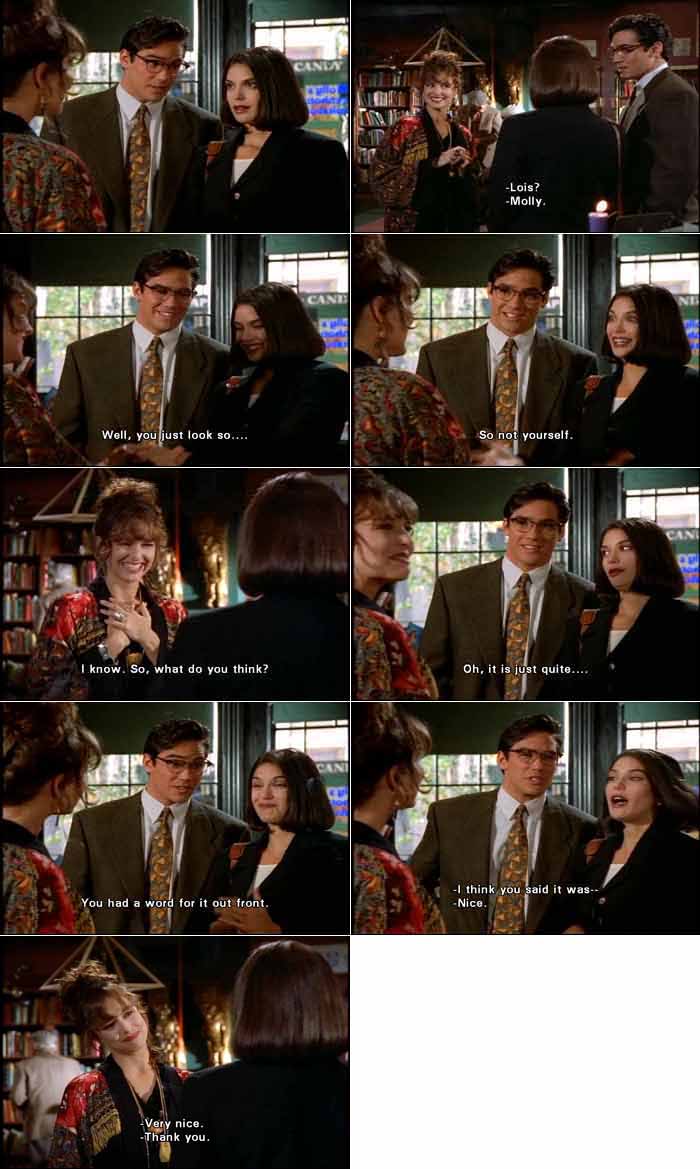 Lois Lane greets her old friend Molly Flynn for the first time in many years. Lois is surprised at how much her friend (once a computer engineer, now a New Age bookstore owner) has changed.