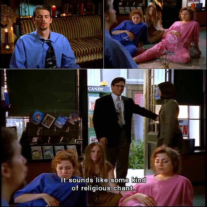 In the New Age bookstore of Lois Lane's best friend from college, Lois and Clark find New Agers doing a religious chant