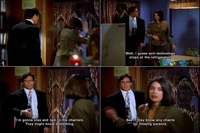 Clark Kent and Lois Lane check out Molly Flynn's apartment in the back of her New Age store