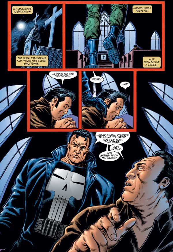 The Punisher finds his long-time informant Mickey Fondozzi praying in St. Anscom's Catholic Church, a place the man has lately been spending considerable time at.