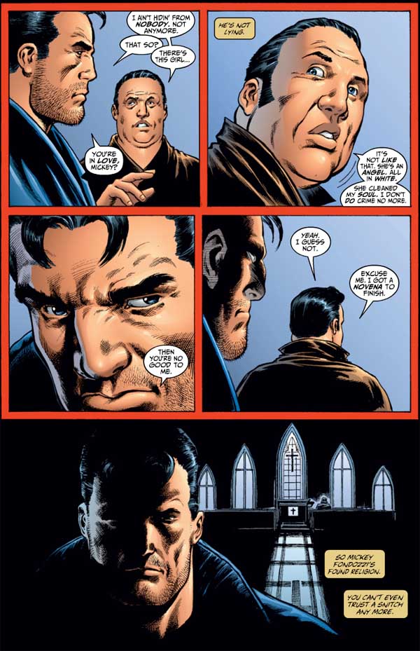 Since experiencing Dagger's soul-cleansing light daggers, the Punisher's informant Mickey Fondozzi has sincerely repented of his criminal ways